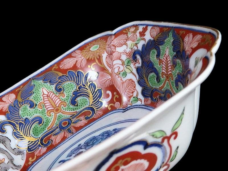 大聖寺伊万里　金襴手　窓絵　牡丹に菊　獅子の図　四方角向付　B347AS-CWq