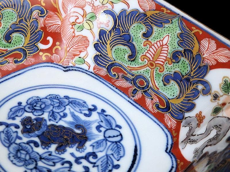 大聖寺伊万里　金襴手　窓絵　牡丹に菊　獅子の図　四方角向付　B347AS-CWq