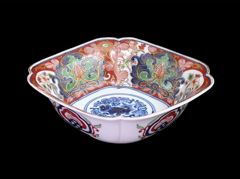 大聖寺伊万里　金襴手　窓絵　牡丹に菊　獅子の図　四方角向付　B347AS-CWq