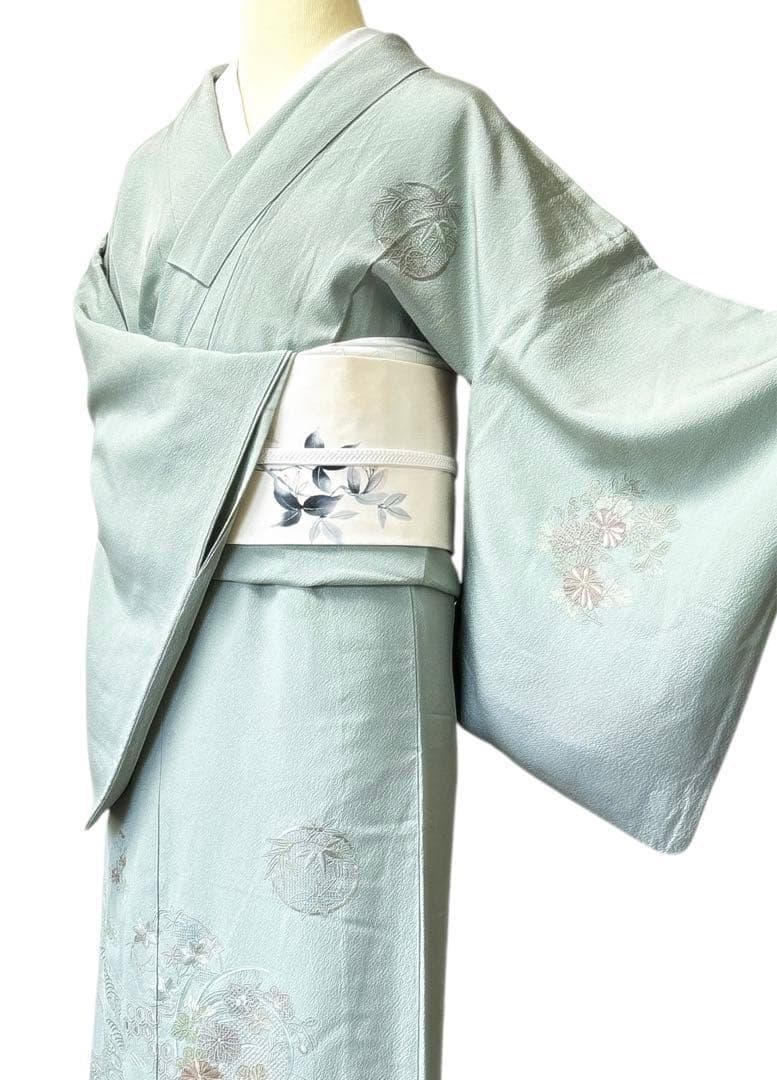 A143愛華 着物 付け下げ袷刺繍　スワト　錆青磁　フォーマル　身丈162cm