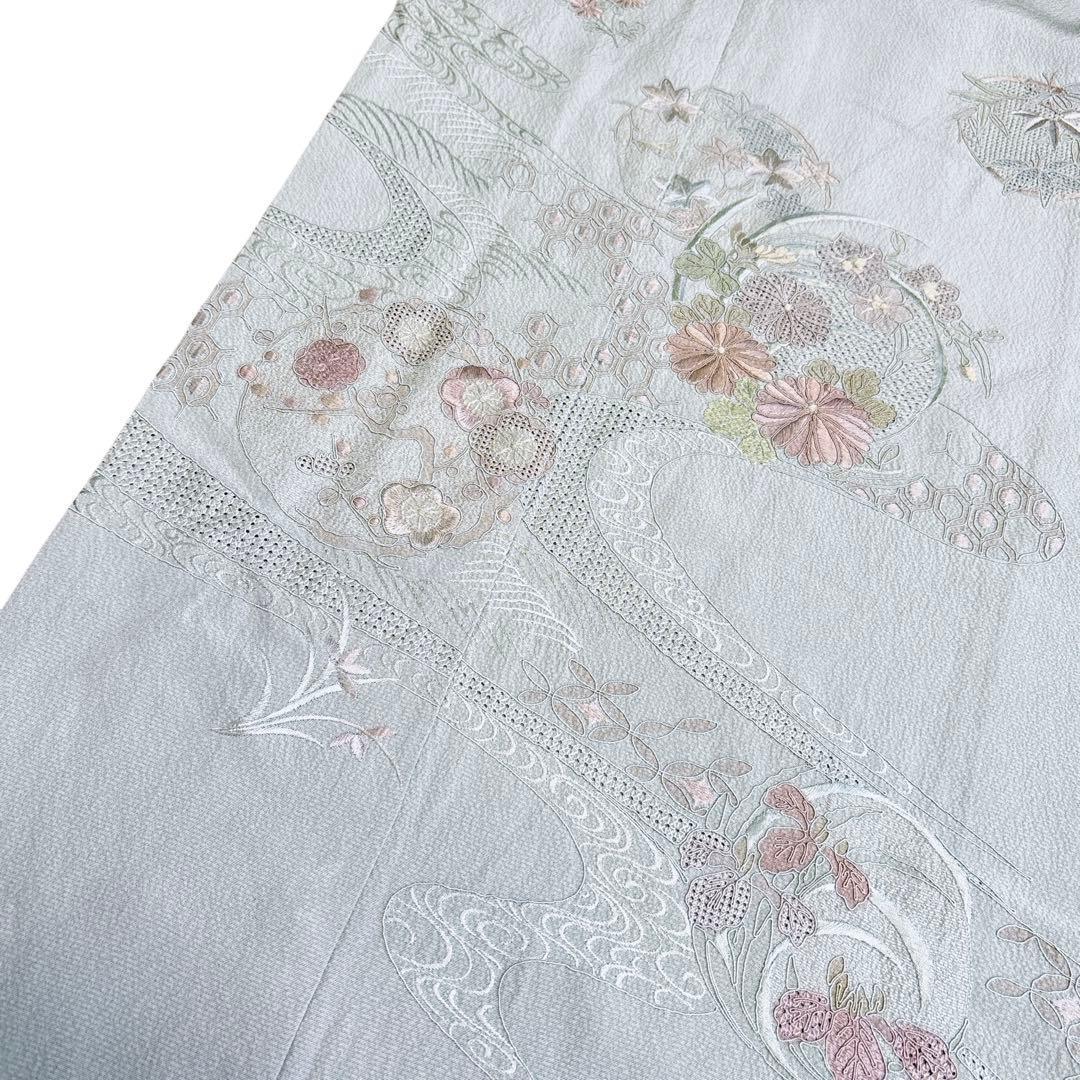 A143愛華 着物 付け下げ袷刺繍　スワト　錆青磁　フォーマル　身丈162cm