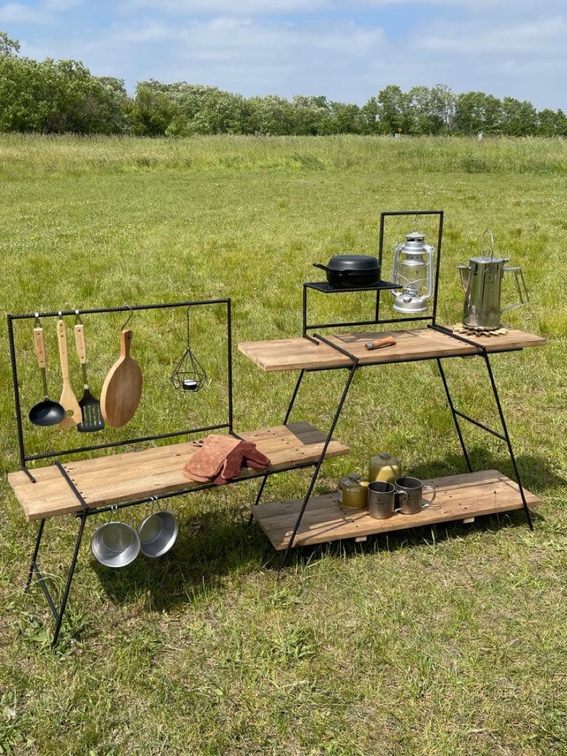 吊り下げ３段シェルフ70 アンティークウッド　アイアンラック/レッグ　キャンプ