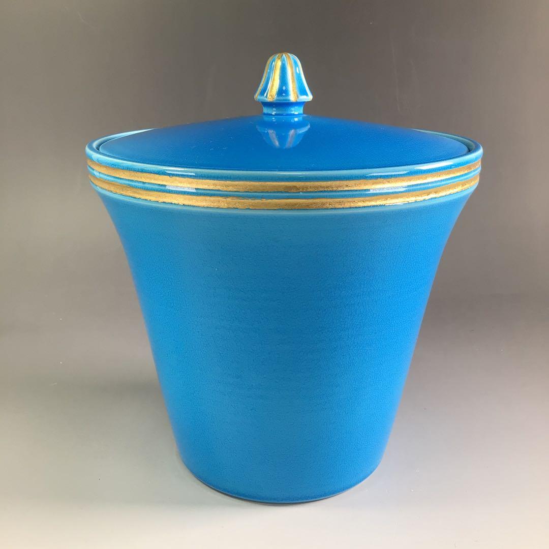 Ｒ６５６　水指　『御室窯造』『浅黄交趾』『末広水指』　共箱　茶道具