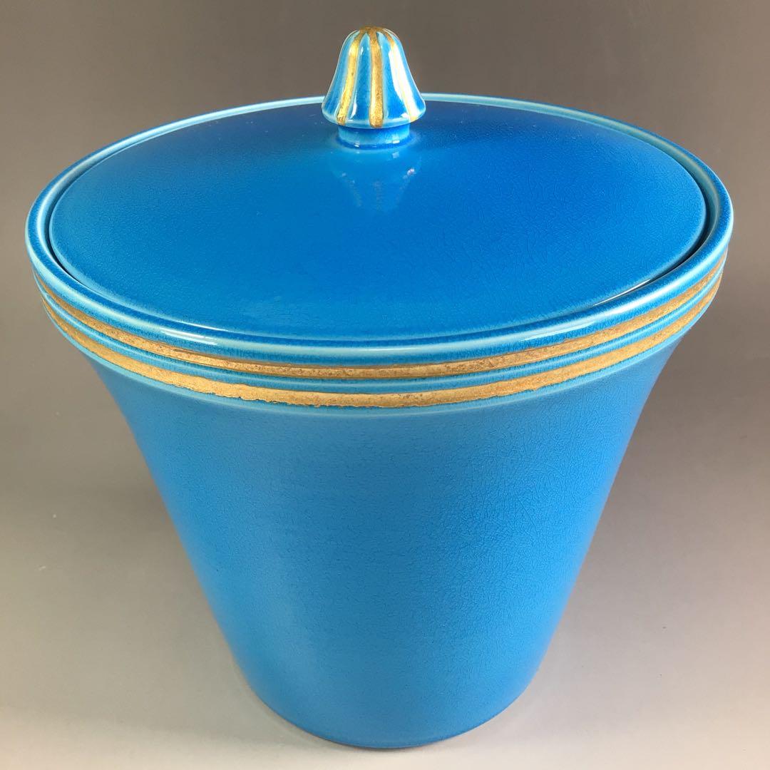 Ｒ６５６　水指　『御室窯造』『浅黄交趾』『末広水指』　共箱　茶道具