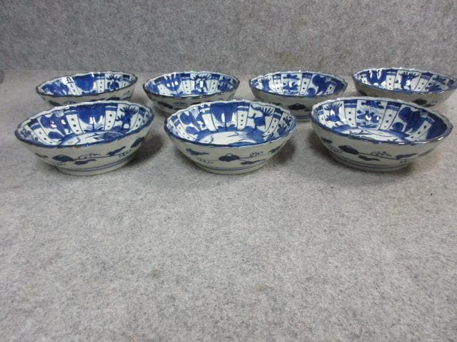 成化年製古伊万里染付芙蓉手花柄なます皿 7枚 [B22690]