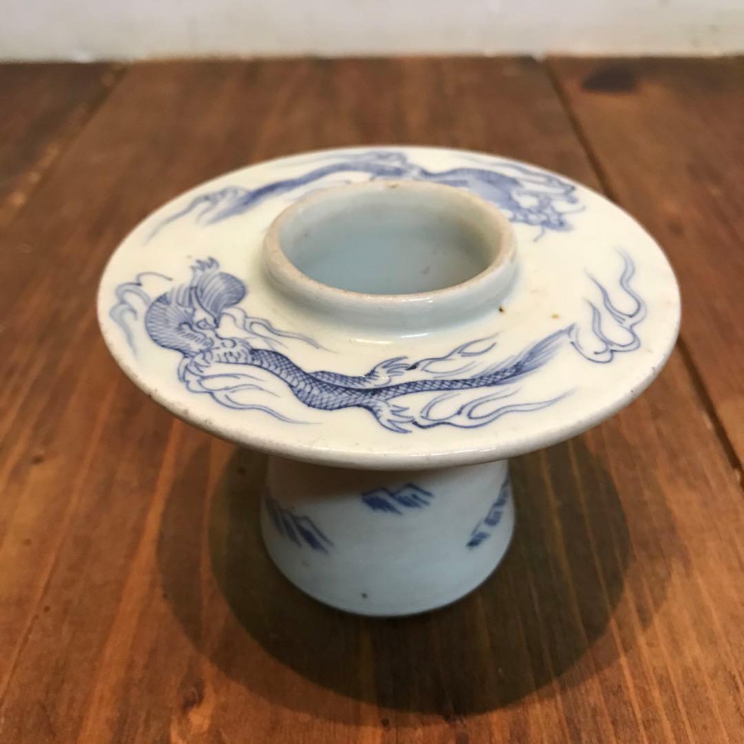 美品　古伊万里　染付　龍　盃台　年代物　焼物　杯台　酒器　迫力ある絵柄