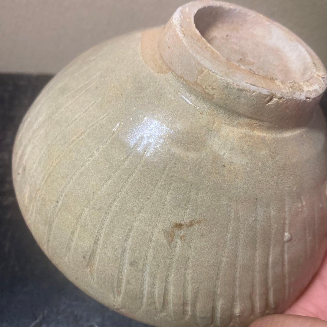 中国古玩　陰刻草花文抹茶茶碗【桐箱付】13.5cm6.5cm