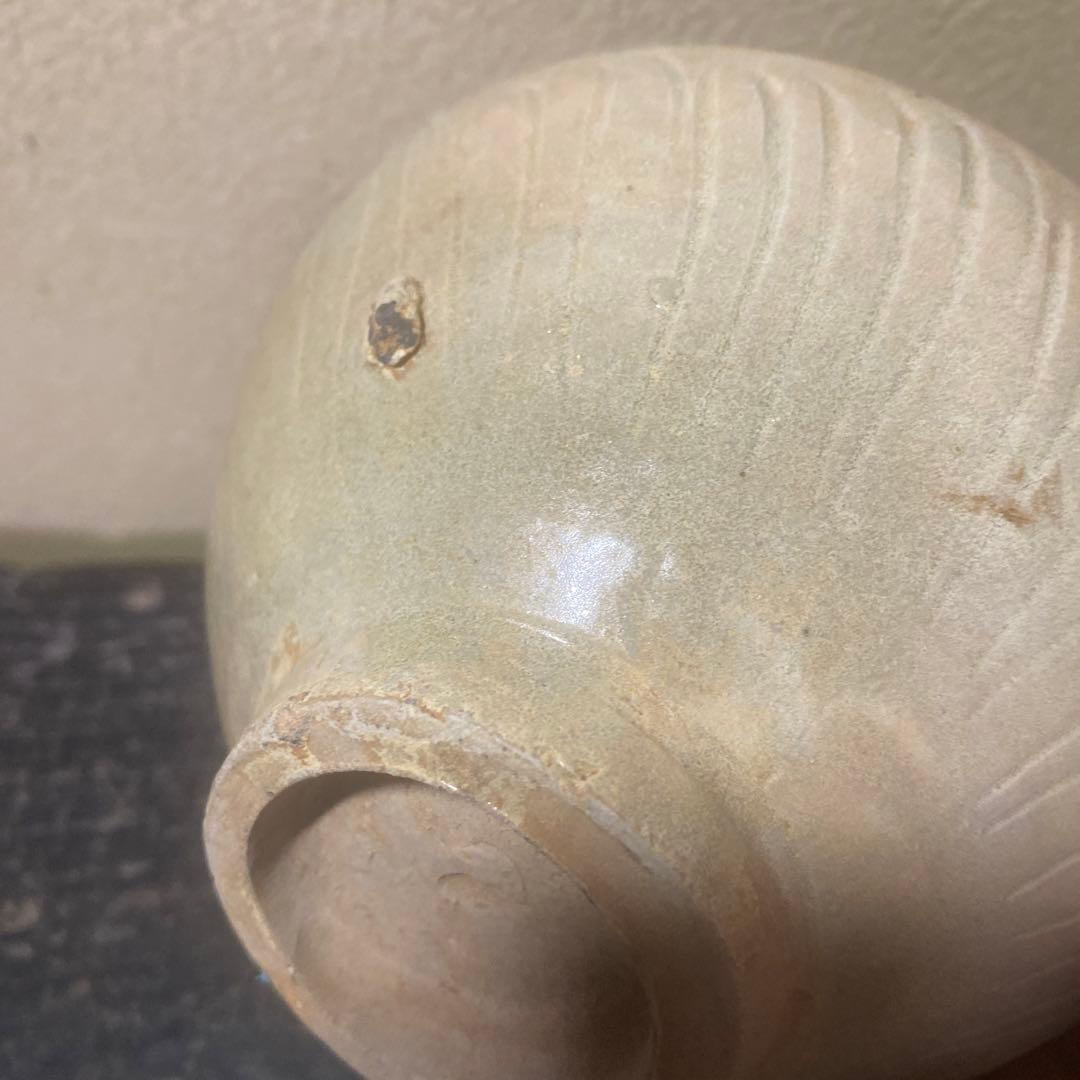 中国古玩　陰刻草花文抹茶茶碗【桐箱付】13.5cm6.5cm