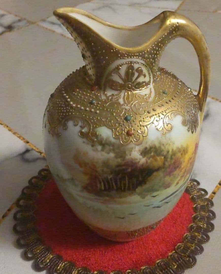 オールドノリタケ 金彩 メイプルリーフ エナメルビジューの美しい風景絵花