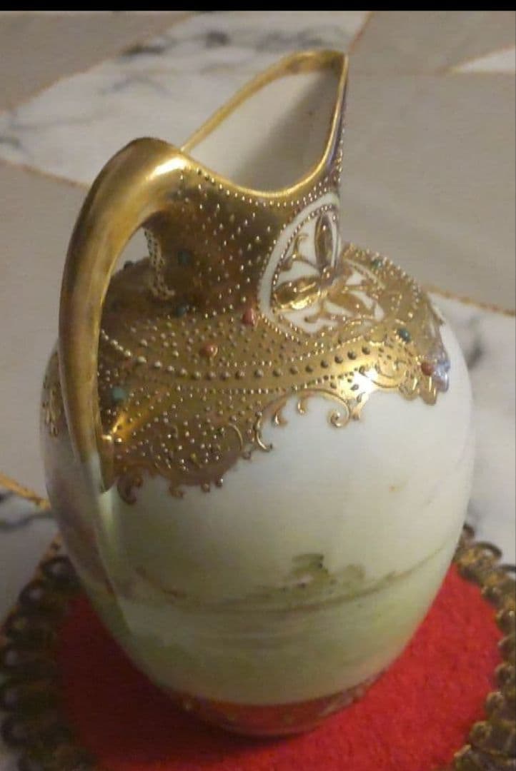 オールドノリタケ 金彩 メイプルリーフ エナメルビジューの美しい風景絵花