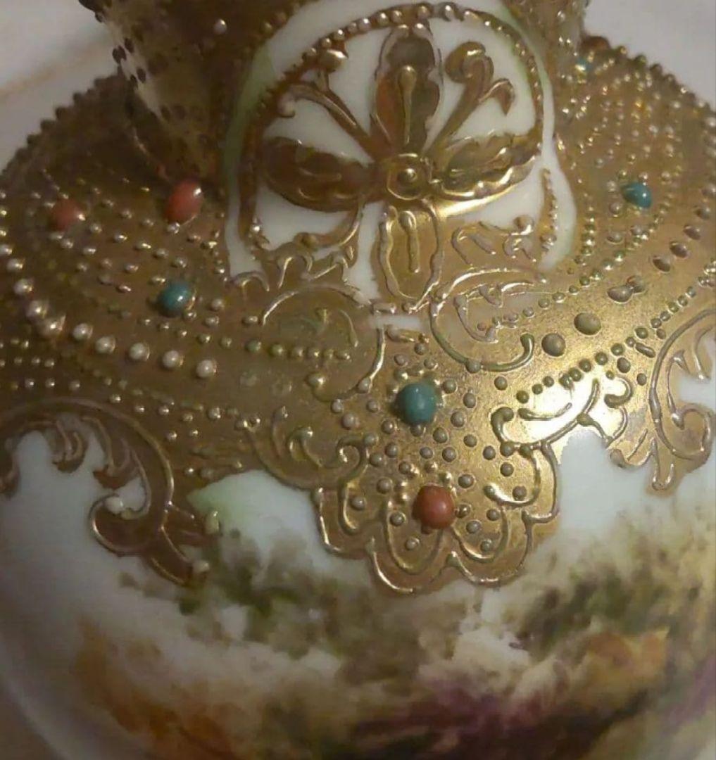 オールドノリタケ 金彩 メイプルリーフ エナメルビジューの美しい風景絵花