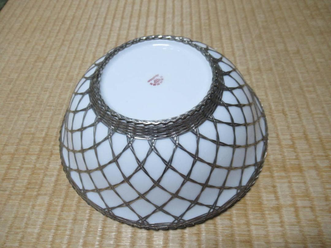 ◆美品 昭和初期◆名古屋製陶 名陶硬質陶器 リンゴ果物絵 金属編み手持ち付き大鉢