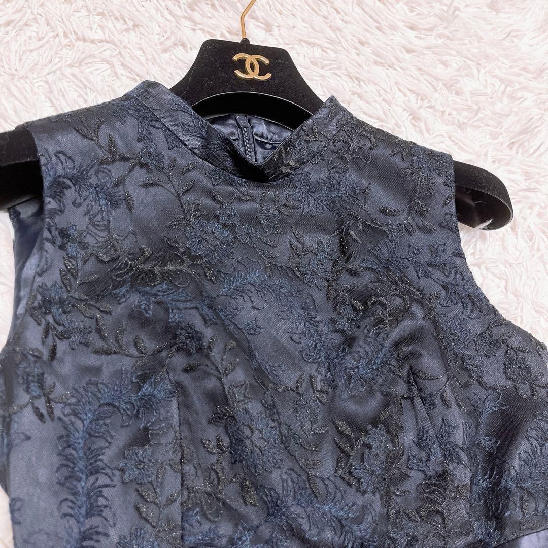 美品 Aimer ラメ 刺繍 レース サテン ロング ドレス レースアップ 紺色