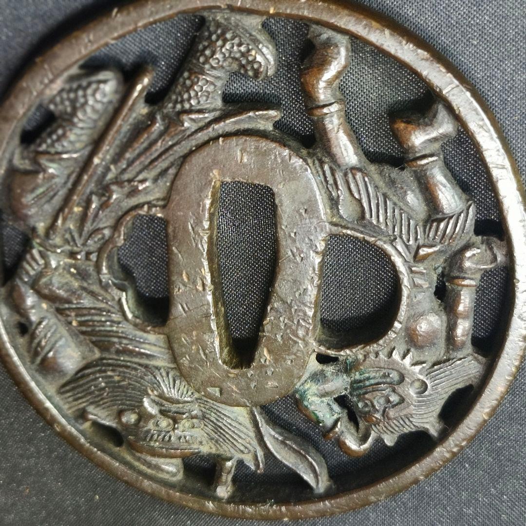 刀剣美術 日本刀鍔 南蛮透かす銅地鐔 鐘馗の図 記内作 江戸骨董 蒐集家放出美品