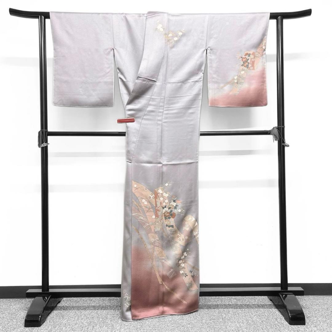 付け下げ　金通し　金駒刺繍　熨斗　牡丹　菖蒲　菊　グレー系　着物　062w d