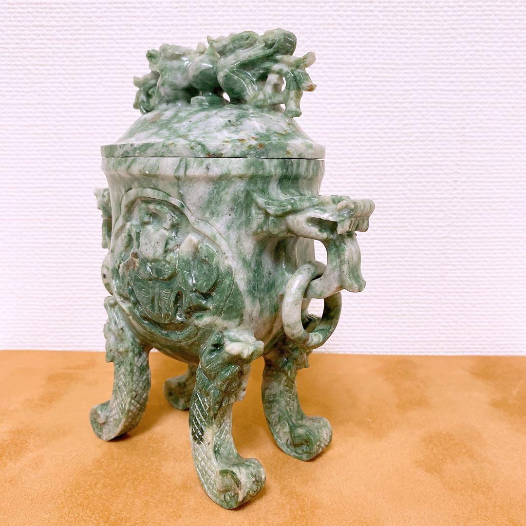 翡翠　置物 龍 彫刻 蓋付き 香炉 玉石 天然石 ヒスイ 砡 【985g】