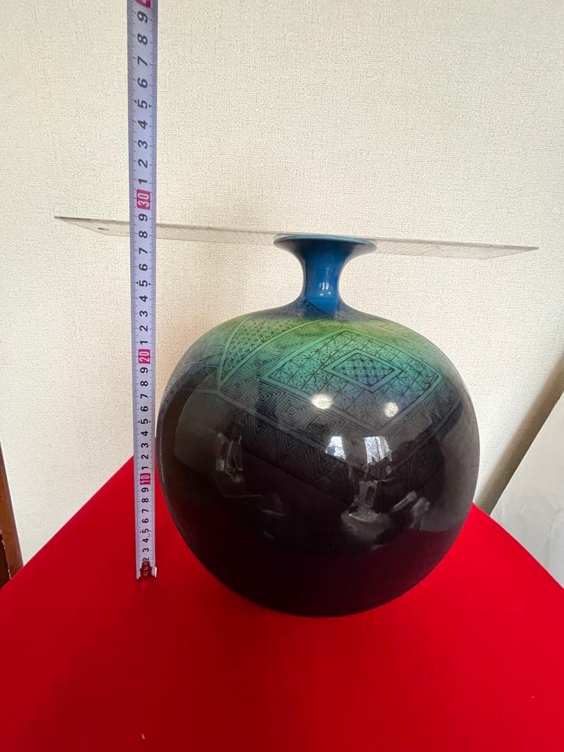 【特大】人間国宝 三代 徳田八十吉（正彦銘）碧明釉 小紋壺 約29cm T237