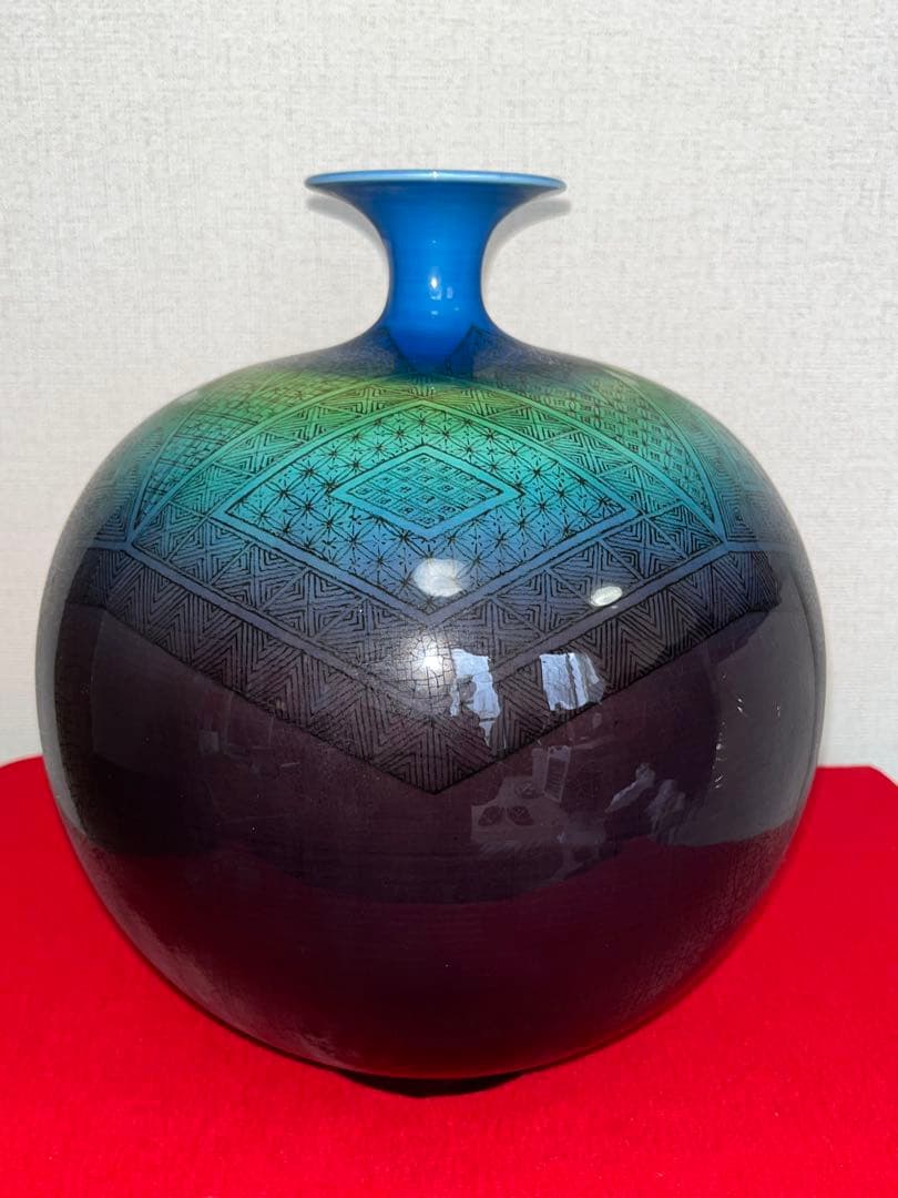 【特大】人間国宝 三代 徳田八十吉（正彦銘）碧明釉 小紋壺 約29cm T237