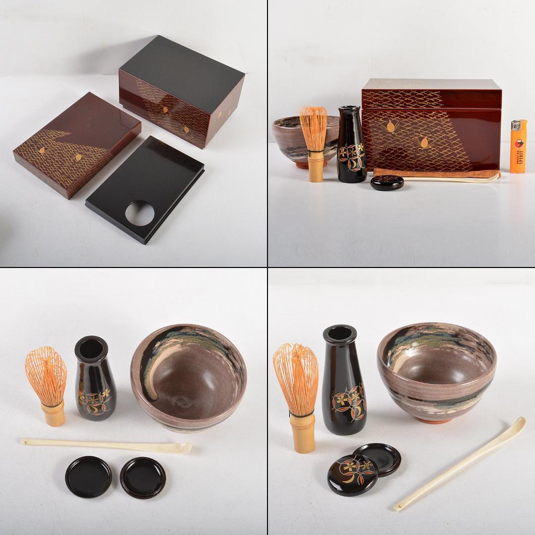 茶道具　漆塗　利休形　茶箱　茶碗　香合など　五点　一式　共箱　M　R6194
