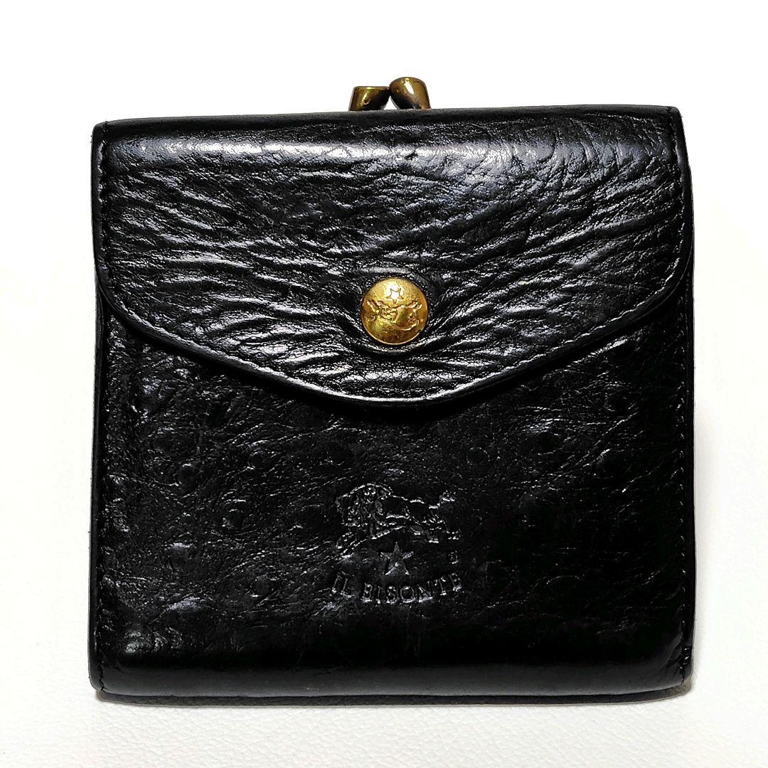 希少　イルビゾンテ　折り財布　黒　革　がま口　オーストリッチ　型押し　金ボタン