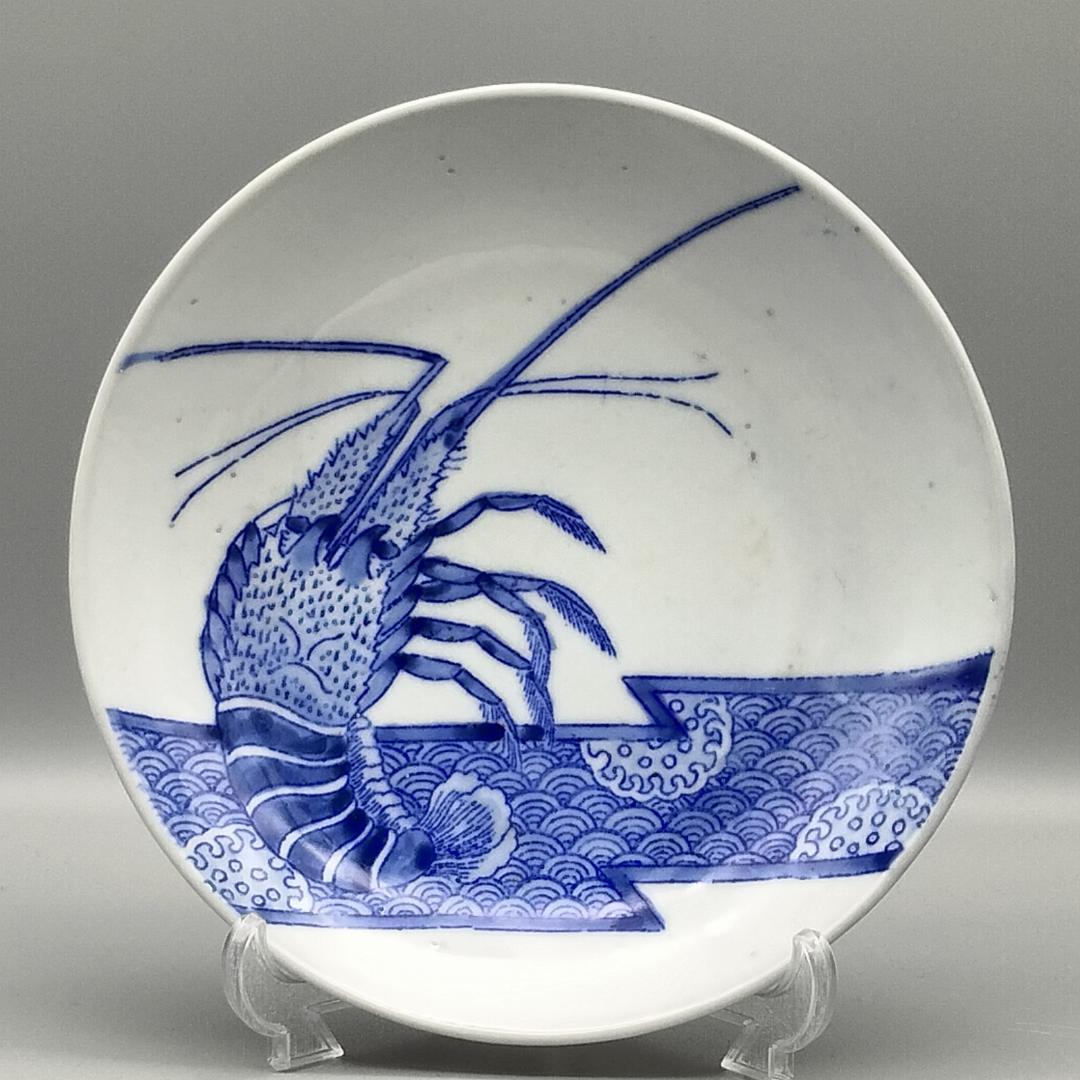 明治鍋島焼 染付 伊勢海老 青海波 雪輪文 櫛高台皿　他、　計二点セット