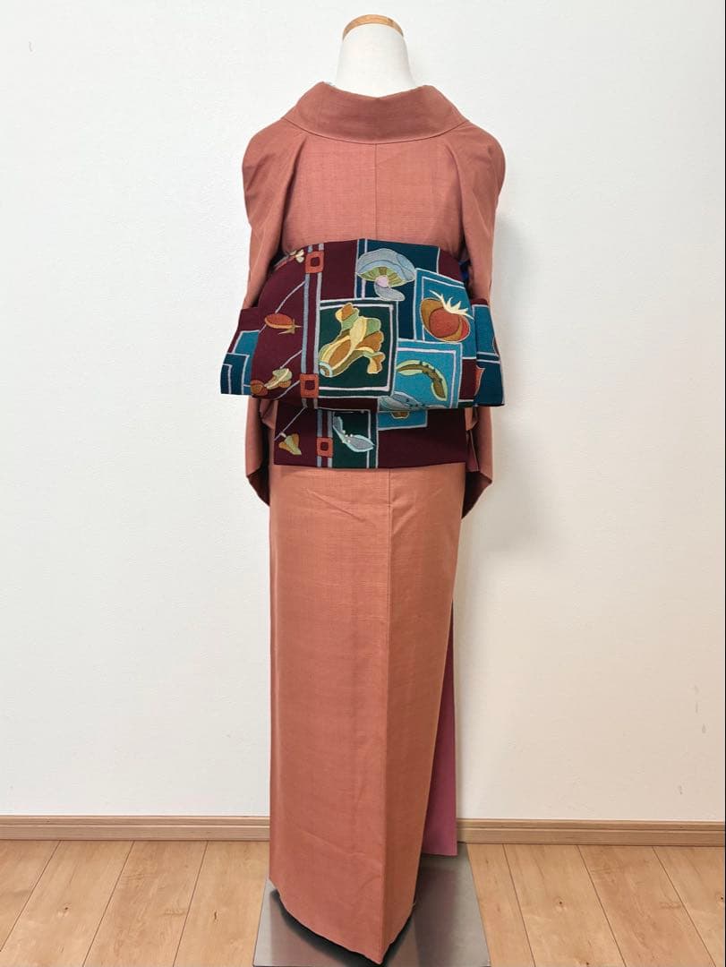 袷　紬　結城紬　浅緋色　裄67cm 無地紬　正絹　半衿おまけ付き