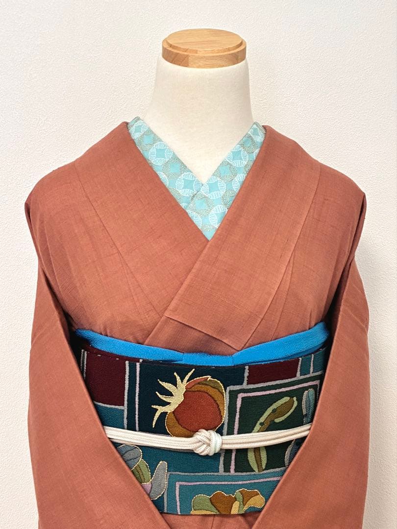 袷　紬　結城紬　浅緋色　裄67cm 無地紬　正絹　半衿おまけ付き