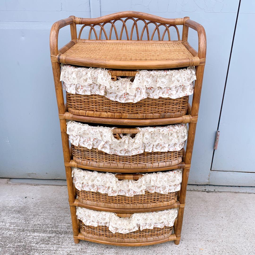 【送料込】ラタン 籐 ヴィンテージ収納 4段チェスト アンティーク家具