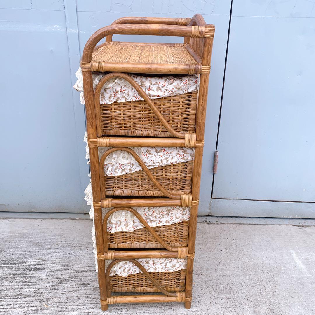 【送料込】ラタン 籐 ヴィンテージ収納 4段チェスト アンティーク家具