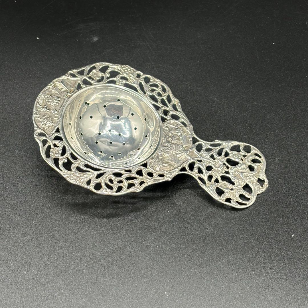 デンマークアンティーク・透かし花柄と風車のティーストレナー・純銀プレート