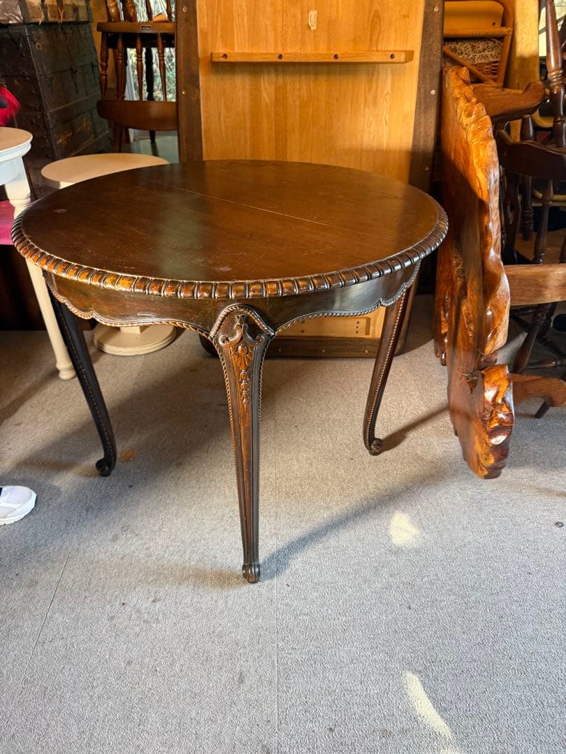 アンティーク 彫刻サロンテーブル 補強安定仕様 ロココ猫脚 直径90cm レトロ