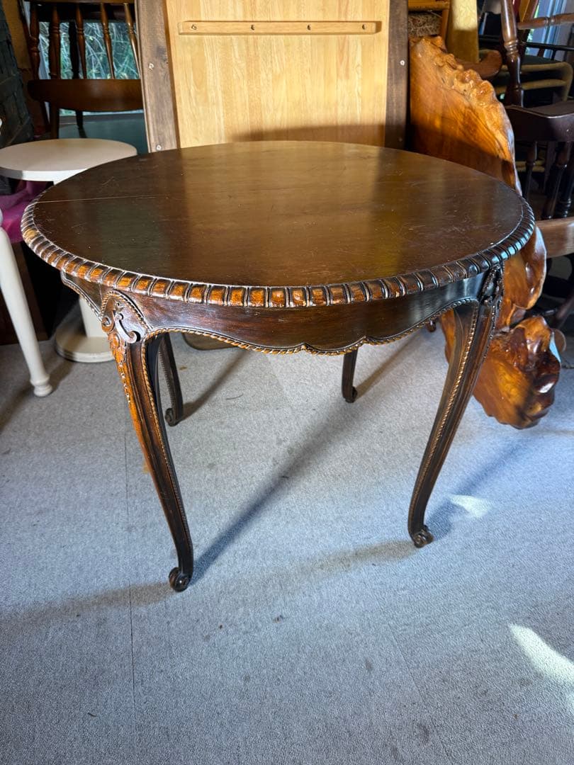 アンティーク 彫刻サロンテーブル 補強安定仕様 ロココ猫脚 直径90cm レトロ