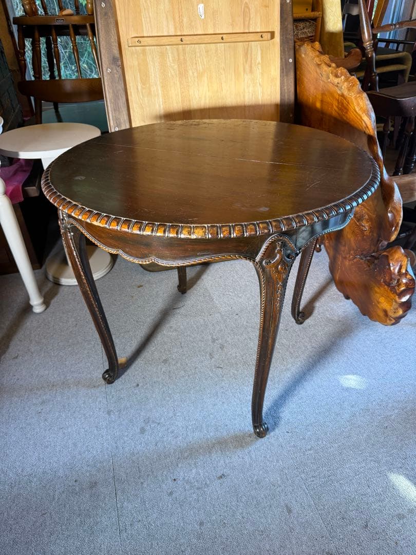 アンティーク 彫刻サロンテーブル 補強安定仕様 ロココ猫脚 直径90cm レトロ