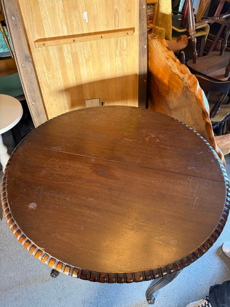 アンティーク 彫刻サロンテーブル 補強安定仕様 ロココ猫脚 直径90cm レトロ