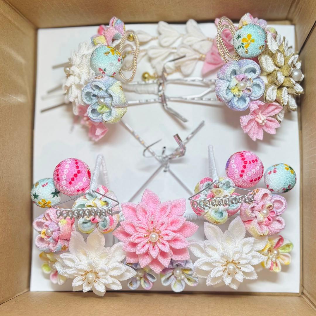 七五三髪飾りセット つまみ細工 パステルカラー 白色×桜色 7-32