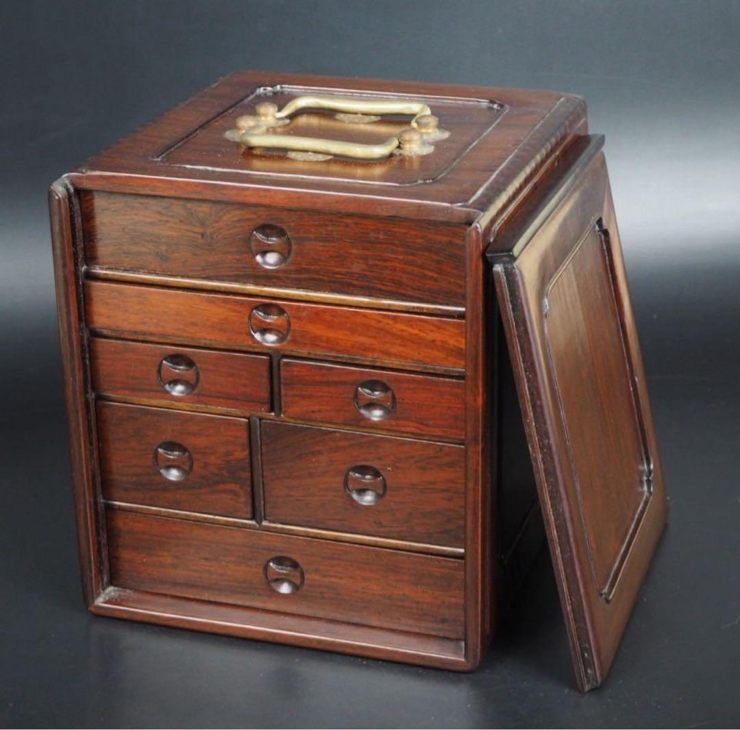 送料無料　時代物　無垢唐木花梨材　書道篆刻印鑑収納箪笥　小物入