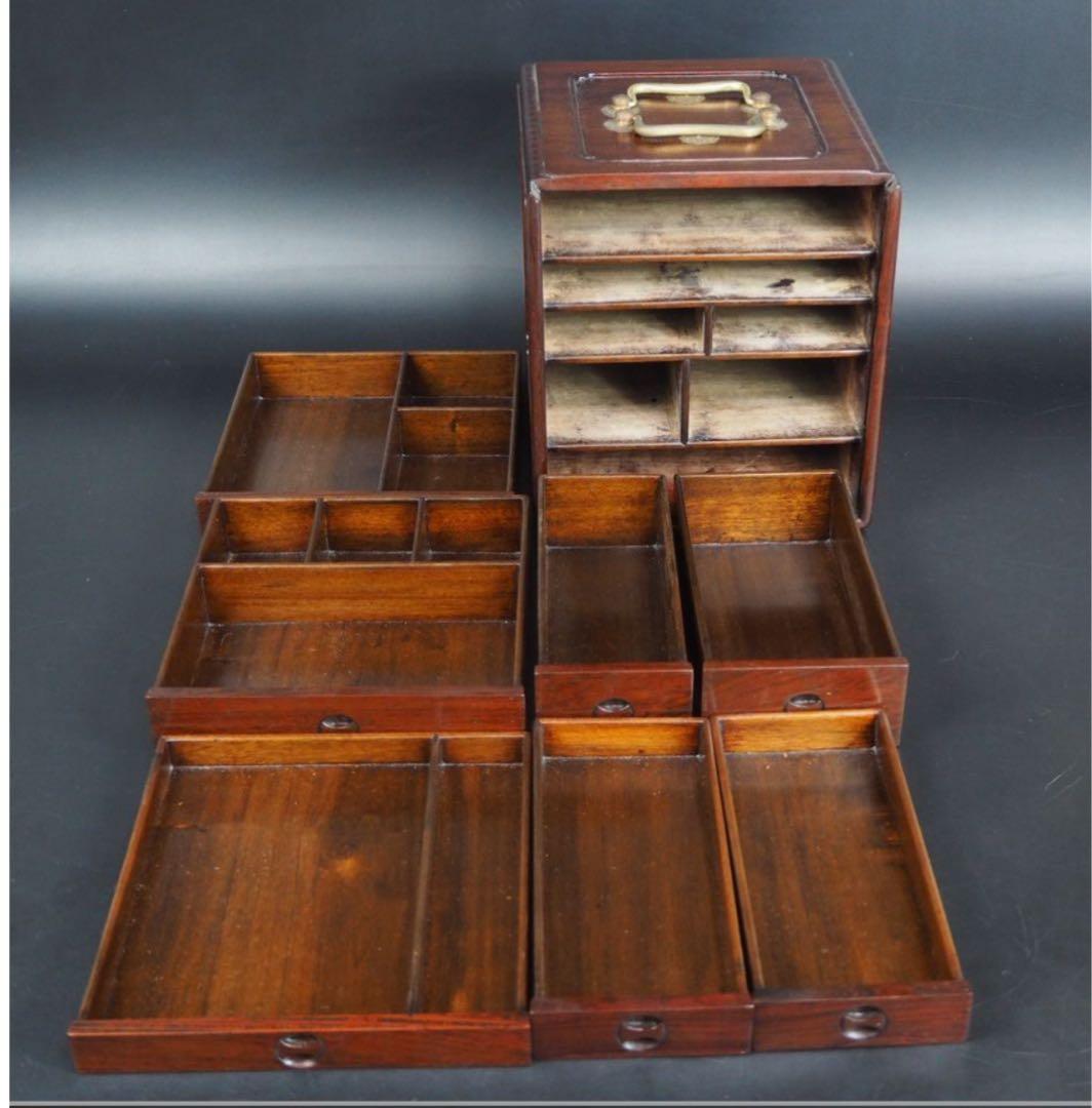 送料無料　時代物　無垢唐木花梨材　書道篆刻印鑑収納箪笥　小物入