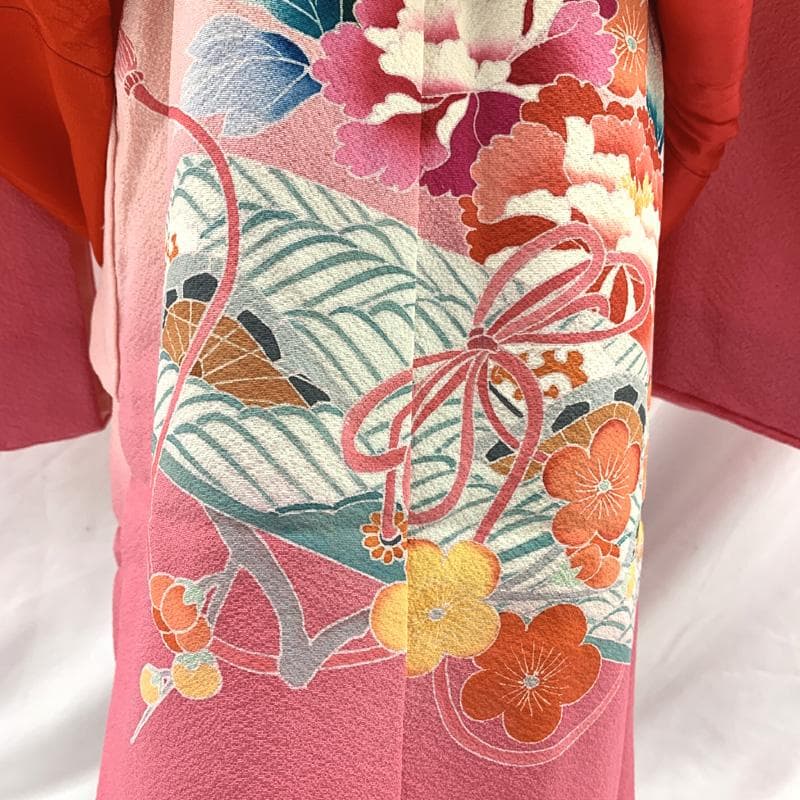 512ag68□七五三 三歳 女児 着物&被布 花車文 ピンク□美品