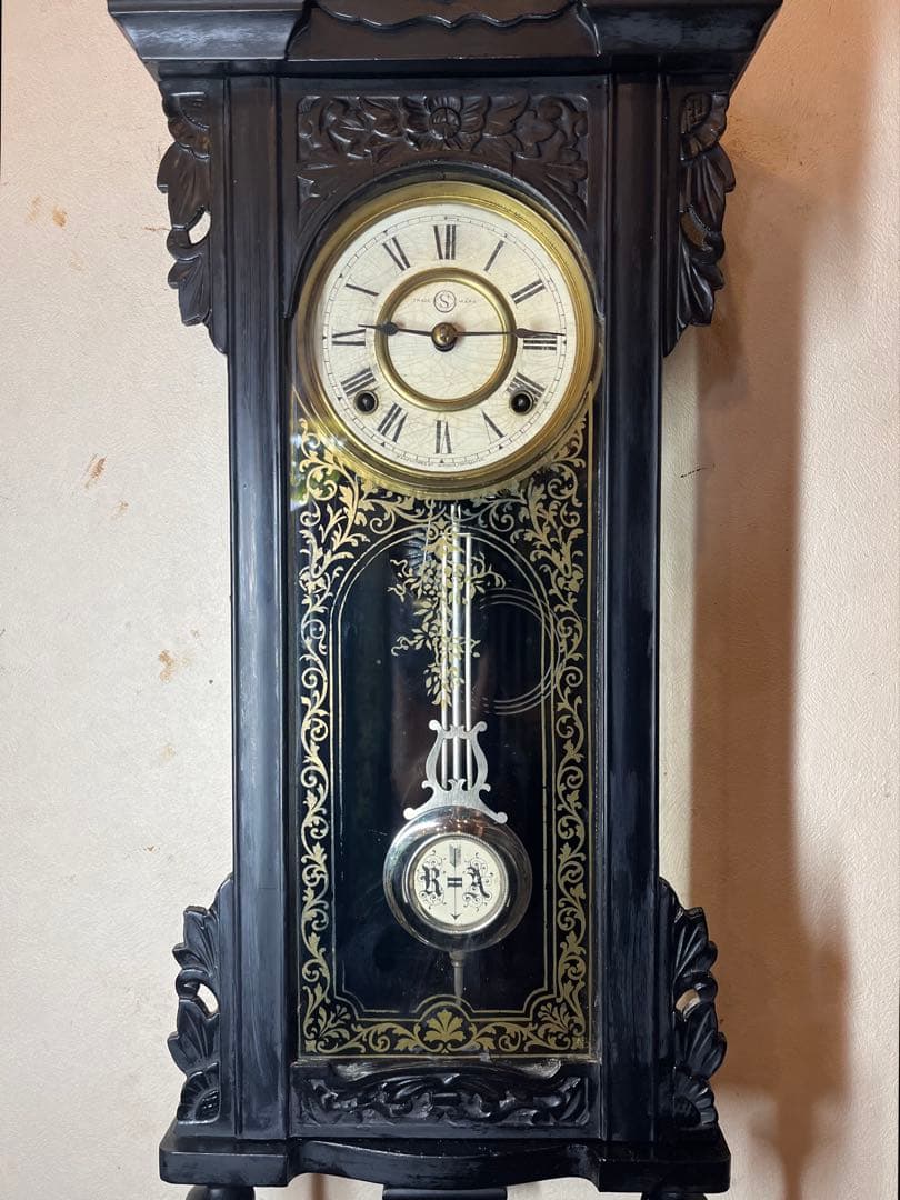 精工舎　黒塗スリゲル　柱時計　古時計　振り子　ゼンマイ　ボンボン　ユンハンス