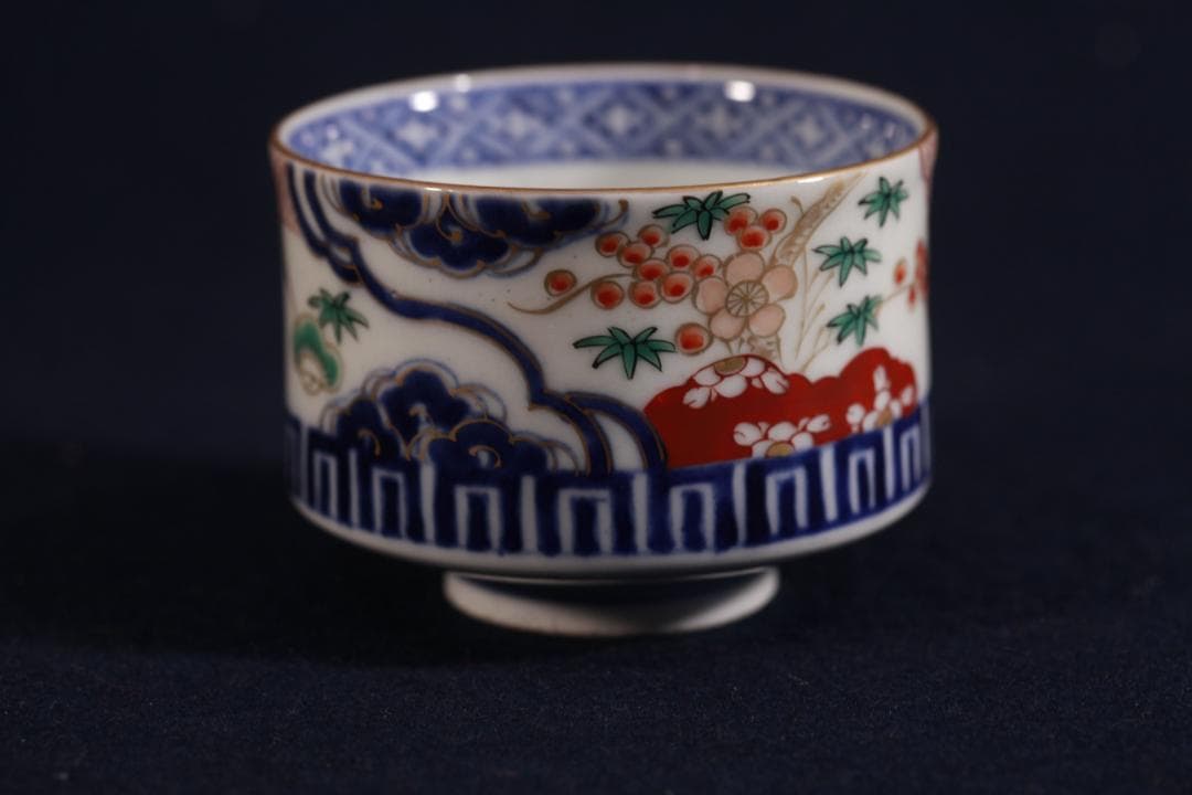 339　古伊万里色絵松竹梅図半筒茶碗　無疵美品　幕末