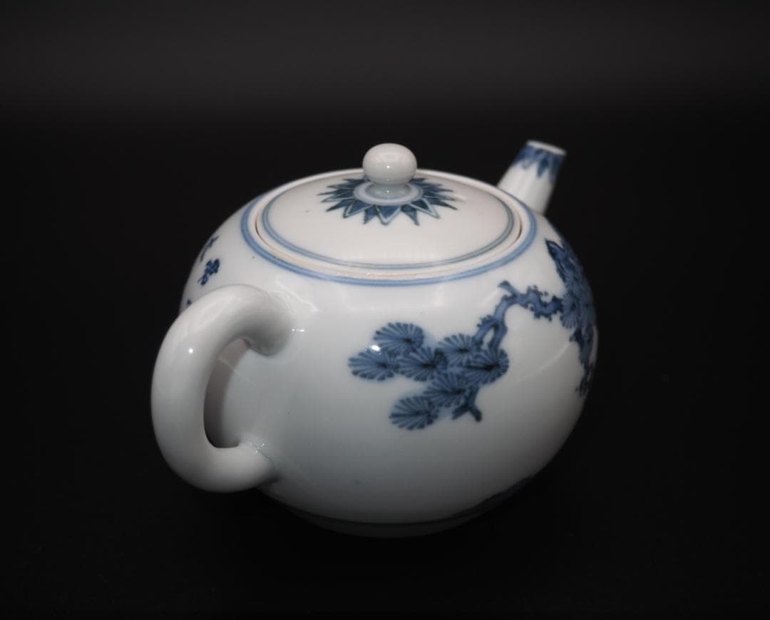 初代三浦竹泉作 青華着色松画 急須 共箱