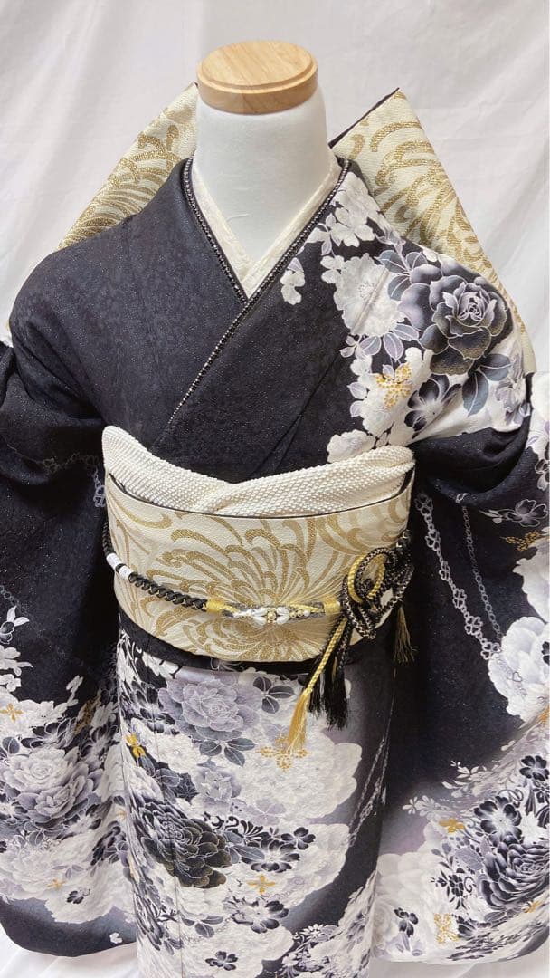 黒白花柄 振袖 成人式　振袖6点セット　正絹 振袖フルセット
