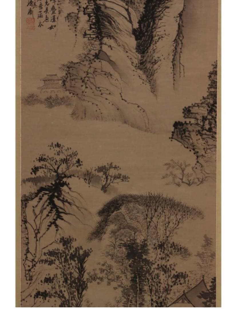 明清画家　石濤 石涛 掛軸(紙本) 水墨 「山水飛瀑図」 砡製画軸