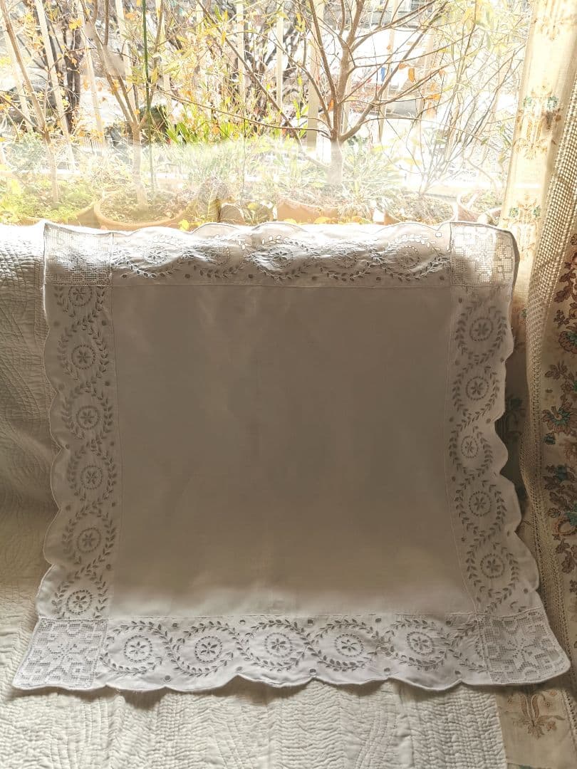アンティーク フランス オープンカットワーク刺繍＆フィレレース クッションカバー