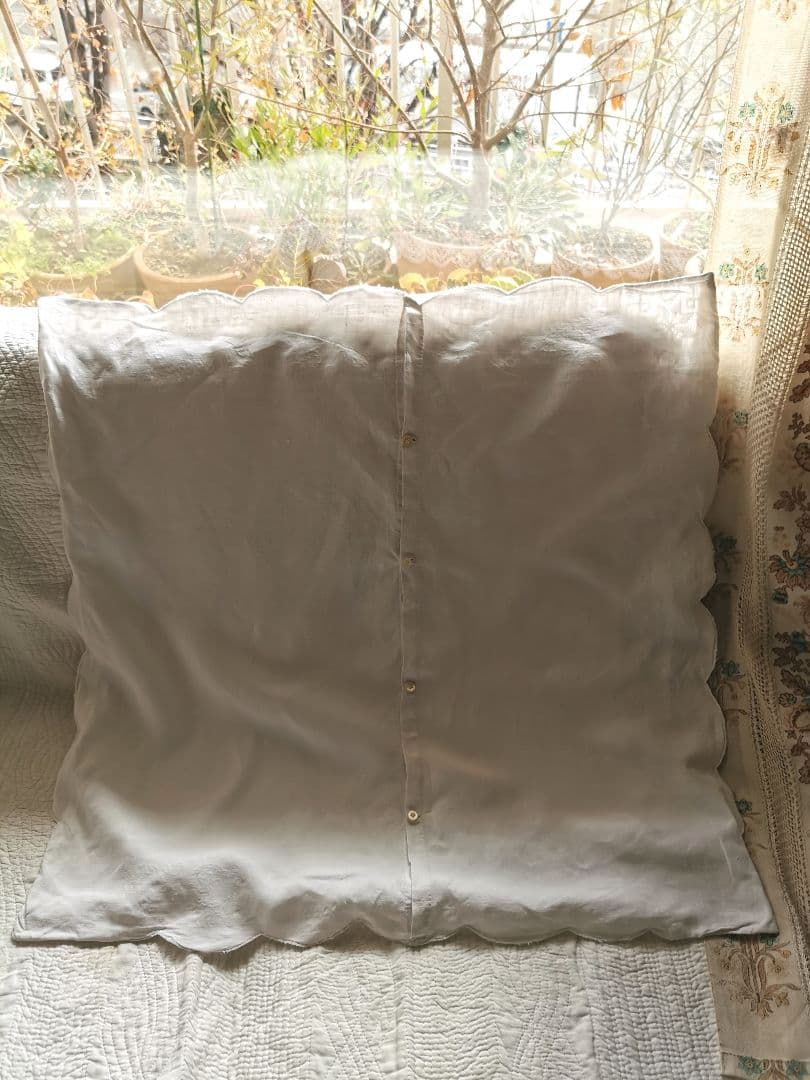 アンティーク フランス オープンカットワーク刺繍＆フィレレース クッションカバー