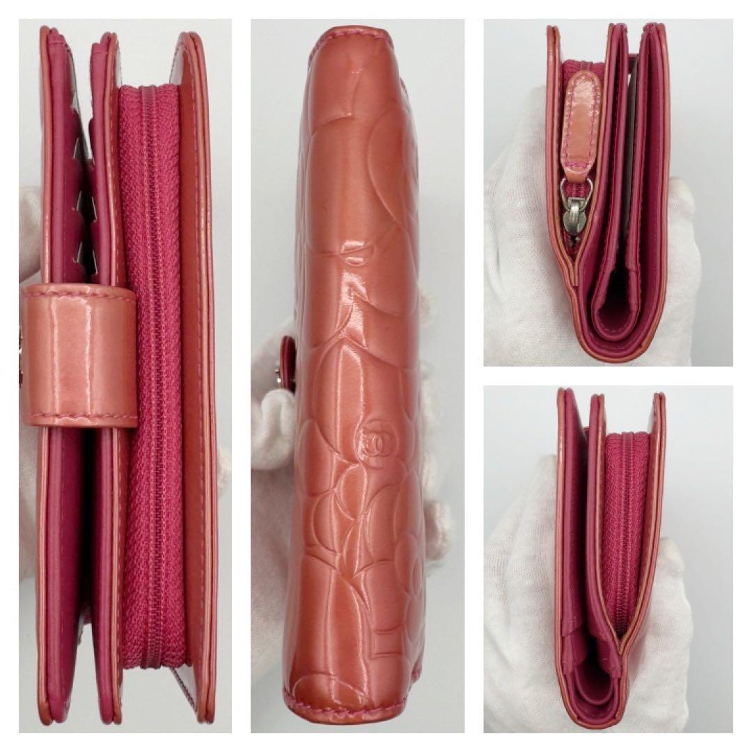 ギフト対応　シャネル財布　マトラッセ　カメリア　ミディアムウォレット　エナメル