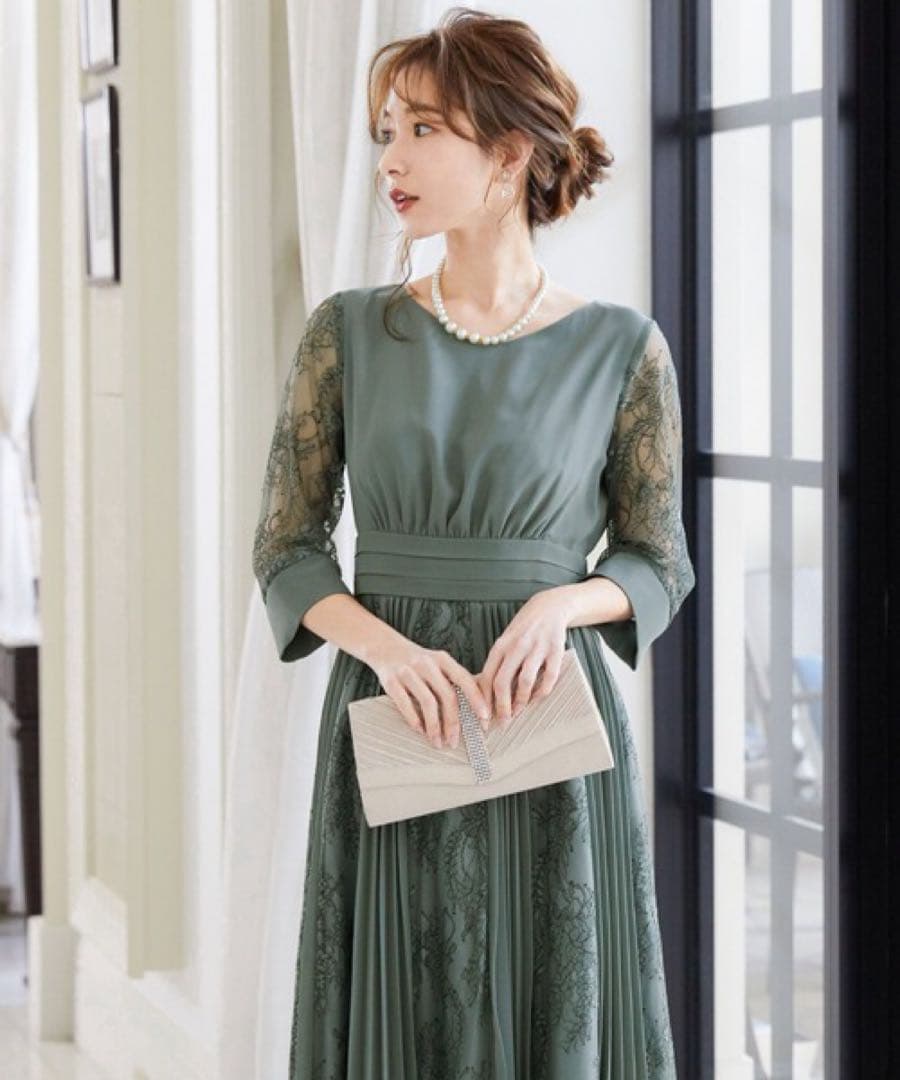 プリーツ×レース 7分袖結婚式ワンピースドレス成人式同窓会二次会　Mさいず 緑