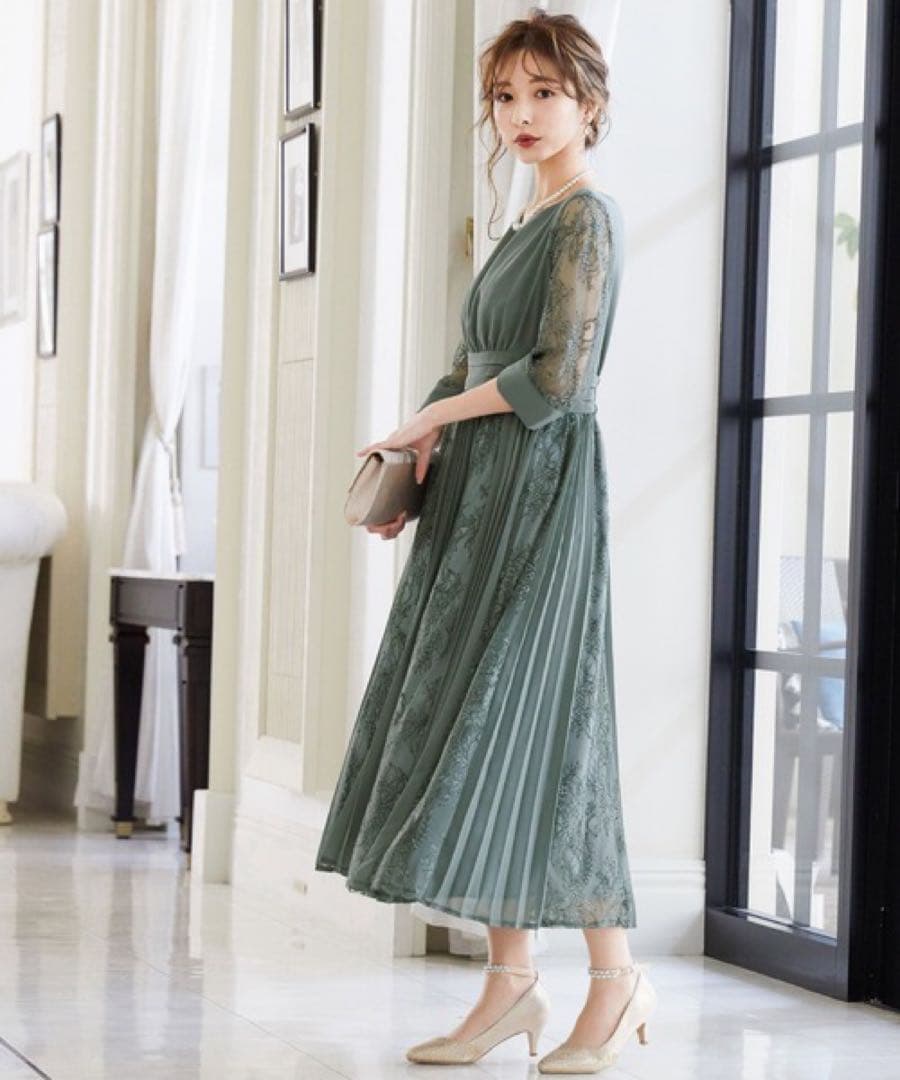 プリーツ×レース 7分袖結婚式ワンピースドレス成人式同窓会二次会　Mさいず 緑