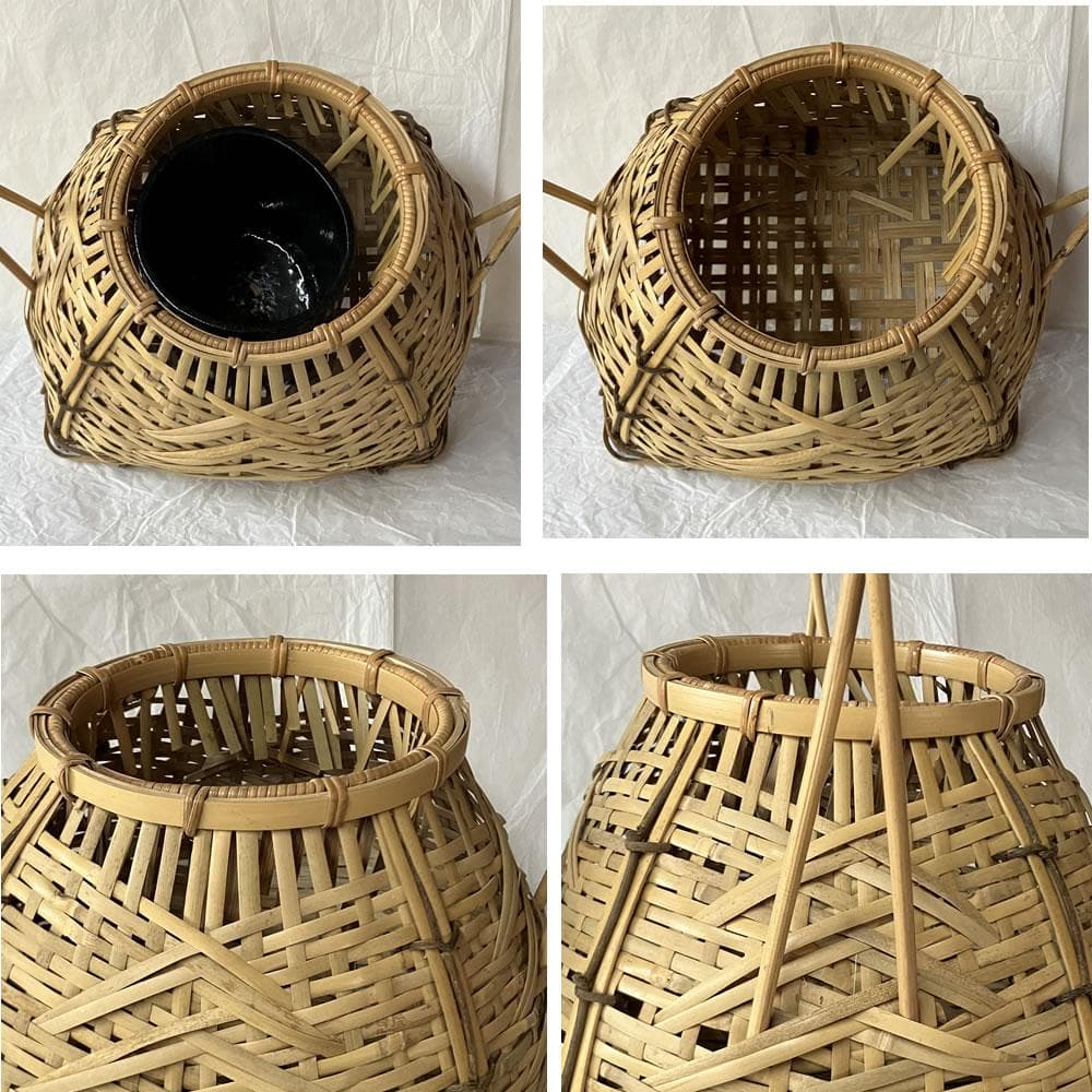 F1422 平安 元竺 宗全篭 共箱 粟田元竺 花入 宗全籠 花籠 竹花入