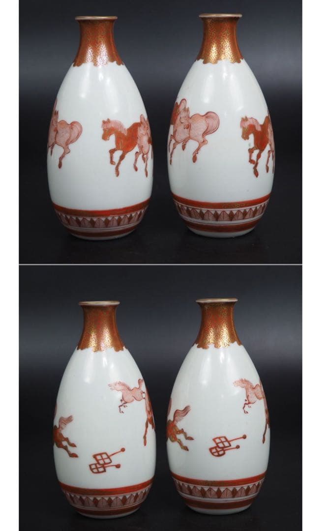 送料無料　橋田遊松造　細密金彩赤絵酒器セット 時代九谷焼 共箱